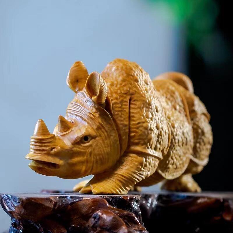 听雨轩 （十二）精品木雕 核雕 黄杨木雕刻犀牛手把件 8cm