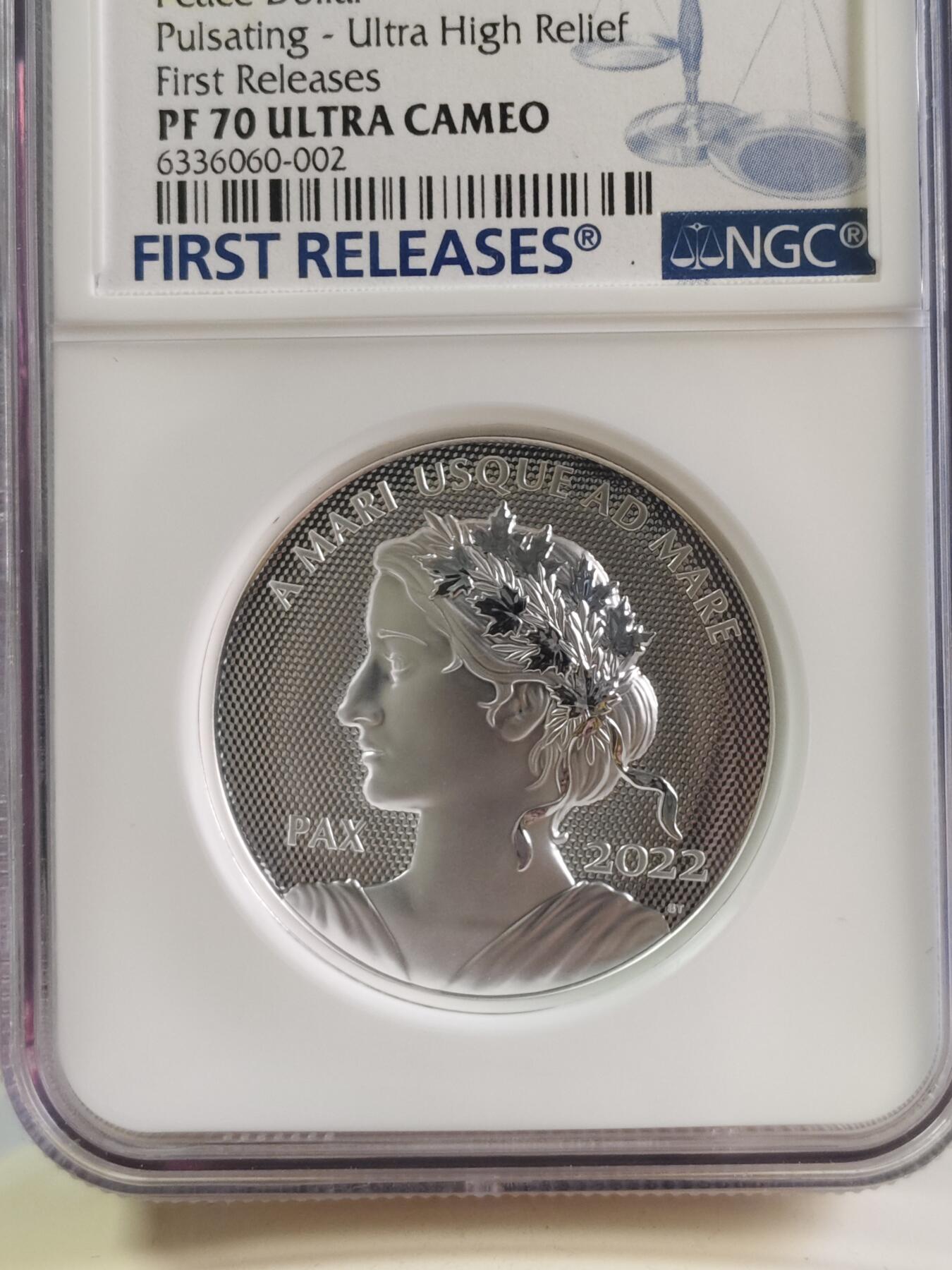 第180期拍卖【长期征集拍品】【北京币展专场】 首期NGC-PF70ULTRACAME0加拿大2021年从海到海和平女神系列高浮雕银币20加元，30.76克，9999银，发行5000枚，无盒证书