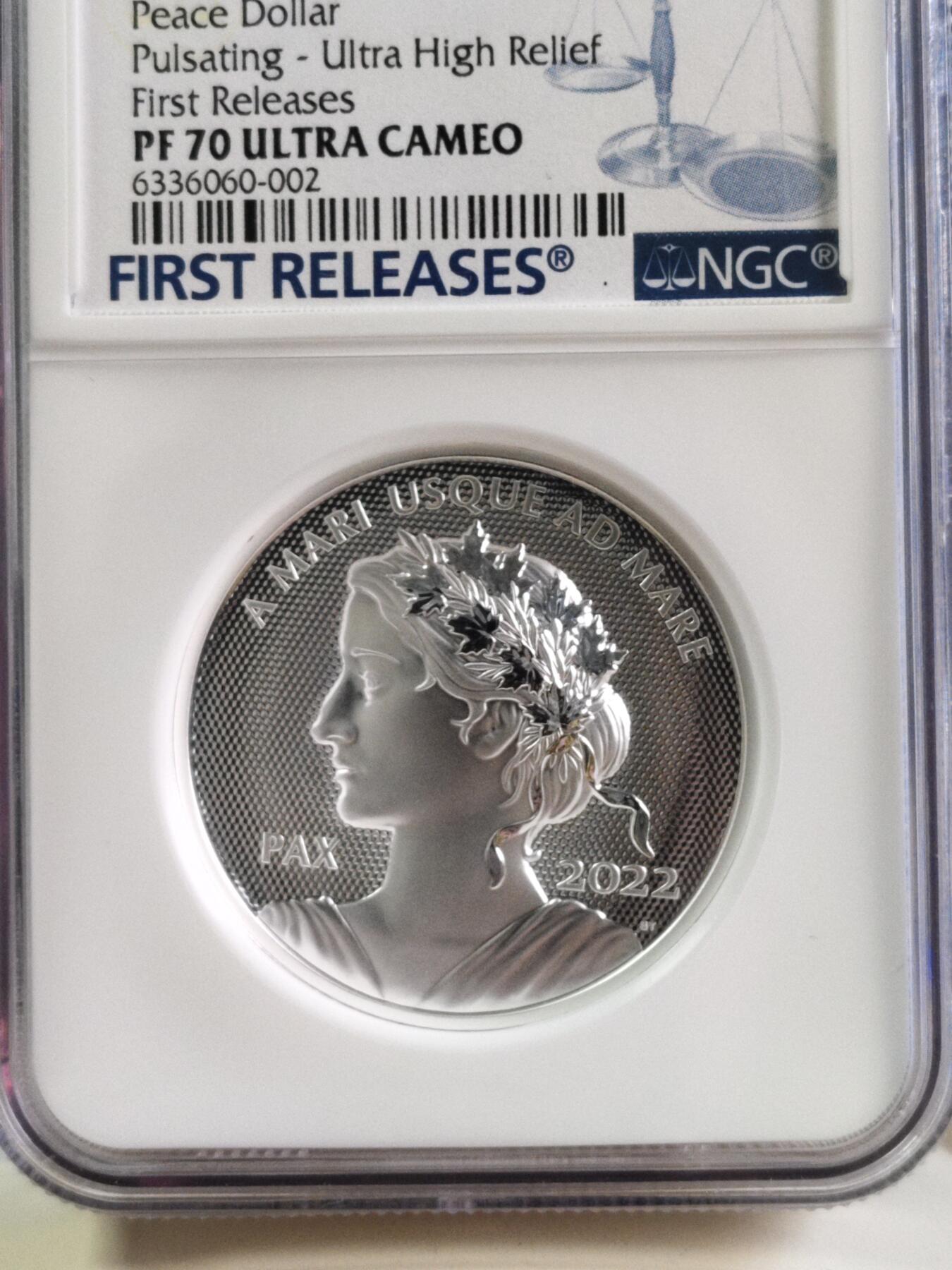 第180期拍卖【长期征集拍品】【北京币展专场】 首期NGC-PF70ULTRACAME0加拿大2021年从海到海和平女神系列高浮雕银币20加元，30.76克，9999银，发行5000枚，无盒证书