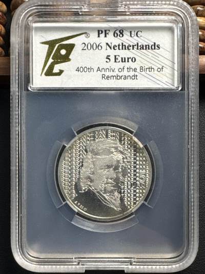 ❤️【币观天下】❤️ 第329期钱币拍卖- 2025.10.31周五晚上6点半场-长期征集拍品 - TQG PF68UC 荷兰2006年5欧元精制银币 欧洲之星-伦巴特诞辰400周年 11.9克 925银