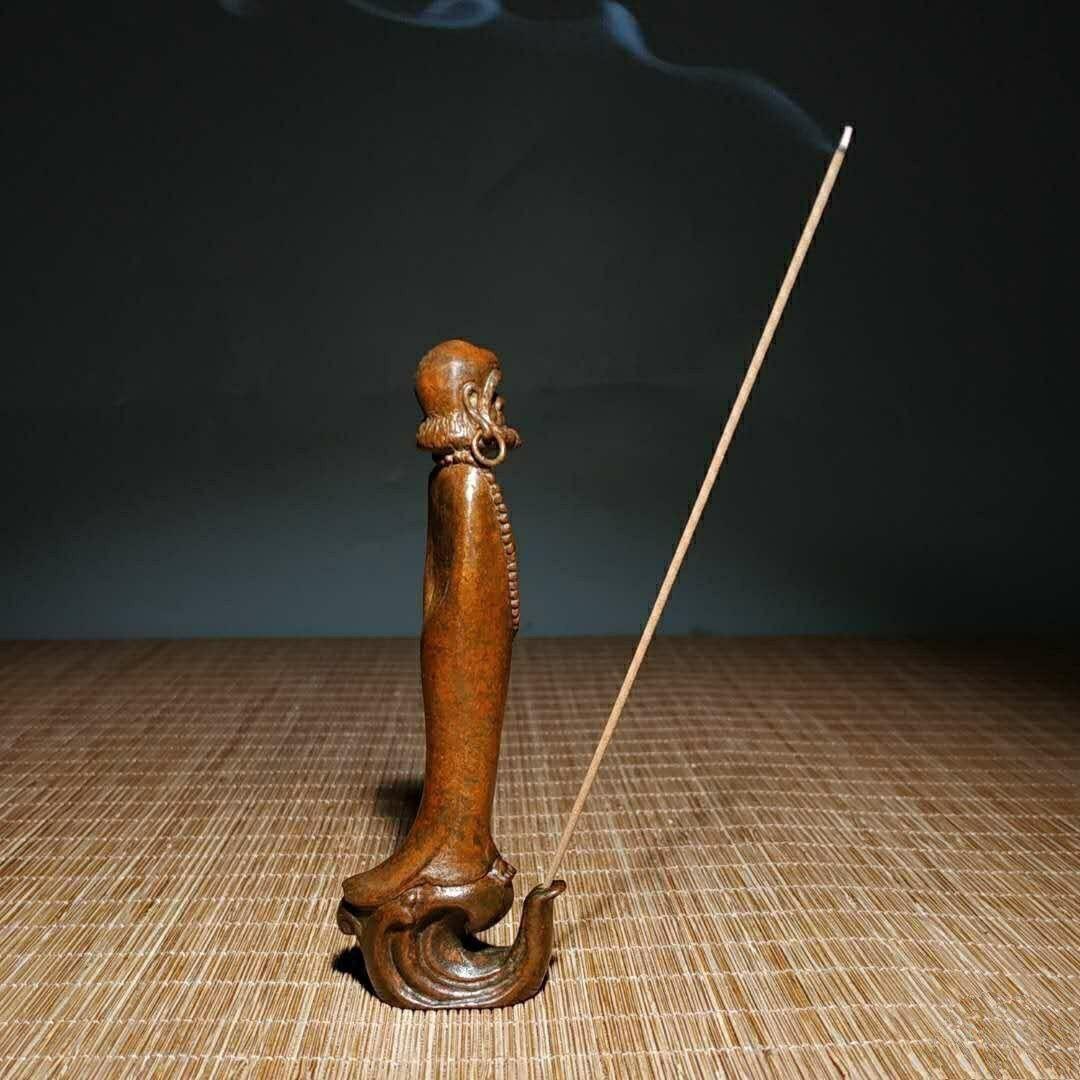 听雨轩 （十二）精品木雕 核雕 复古实心合金铜 达摩祖师香插摆件1.5*3.3*9.7cm   105g