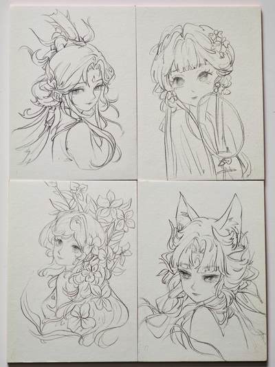 白泽拍卖卡牌手绘专场第27期 - 2025 香山文创手绘卡 线稿4张  闲昼亲签