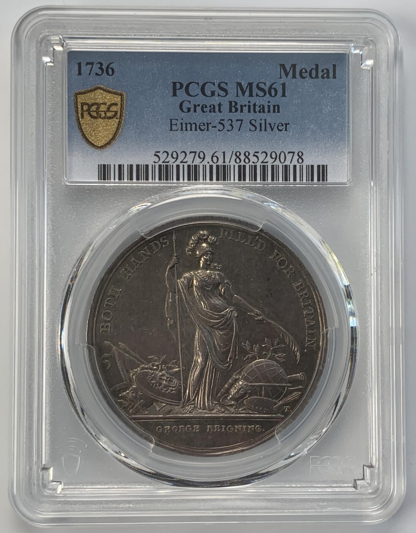 掌中浮雕-藏着的欧洲第039场 PCGS MS61 : 1736年英国乔治二世时期北美殖民地银章，39mm，Eimer-537