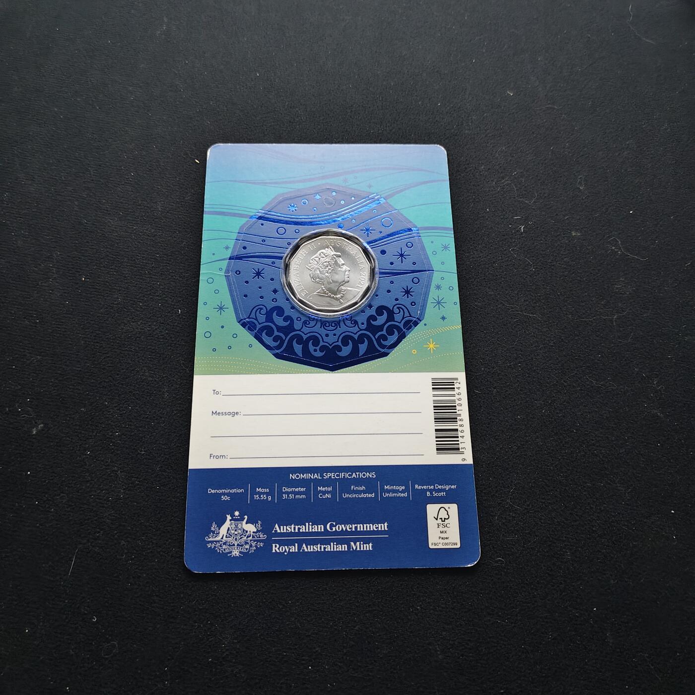 【全场包邮】纯粹捡漏拍473场（免费代拍第10场） 澳大利亚2021年50分圣诞装饰系列夏天的阳光和冲浪官方卡装纪念币