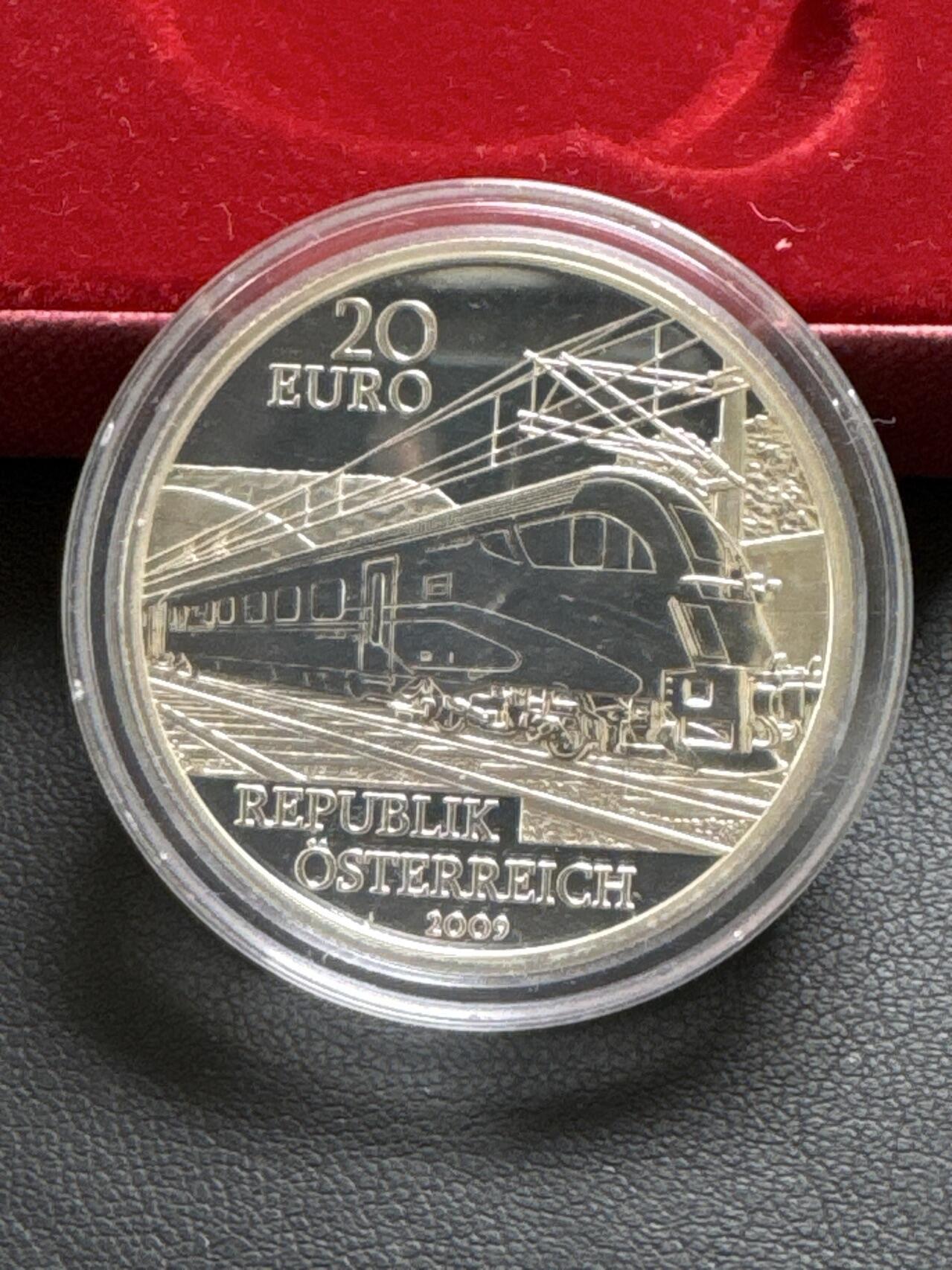 ❤️【币观天下】❤️ 第329期钱币拍卖- 2025.10.31周五晚上6点半场-长期征集拍品 原厂盒证奥地利2009年20欧元未来铁路精制银币900银20克直径34毫米