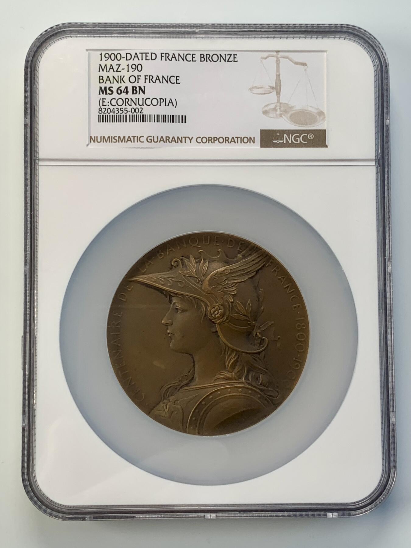掌中浮雕-藏着的欧洲第039场 NGC MS64 : 1900年法兰西银行百年纪念铜章，68mm， 章牌艺术大师奥斯卡·罗蒂作品，  Nicolas Maier法国章优秀作品集#109号