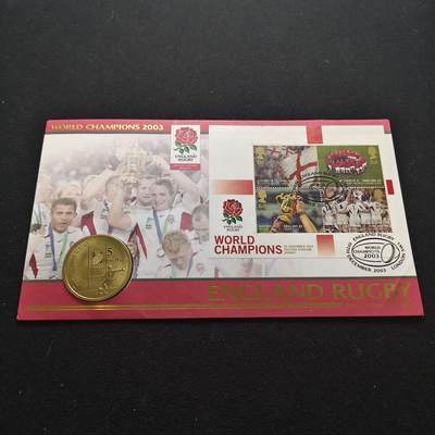 【全场包邮】纯粹捡漏拍473场（免费代拍第10场） - 英国2003年英格兰夺得橄榄球世界杯冠军纪念邮币封-邮票为英国纪念小全张+币为澳大利亚（举办国）5元橄榄球世界杯纪念币（少见）