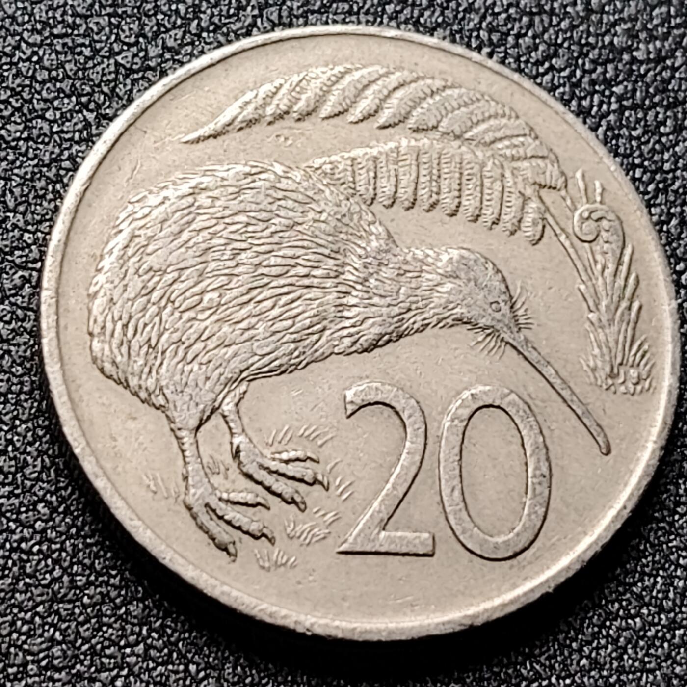 泉币菌-第119场-精品福利场 1974年 英属新西兰20分镍币 几维鸟  伊丽莎白二世女王 28.5mm 