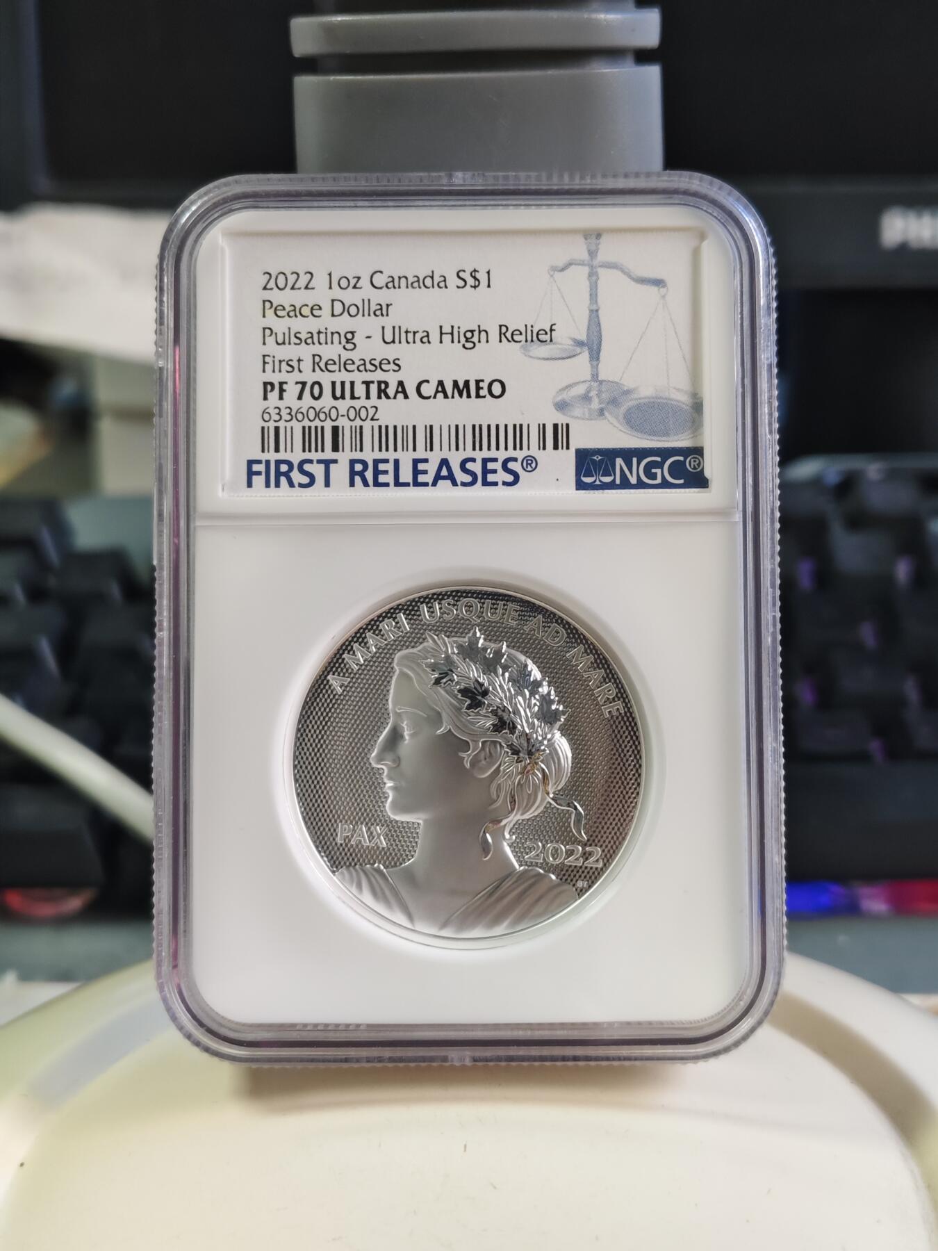 第180期拍卖【长期征集拍品】【北京币展专场】 首期NGC-PF70ULTRACAME0加拿大2021年从海到海和平女神系列高浮雕银币20加元，30.76克，9999银，发行5000枚，无盒证书