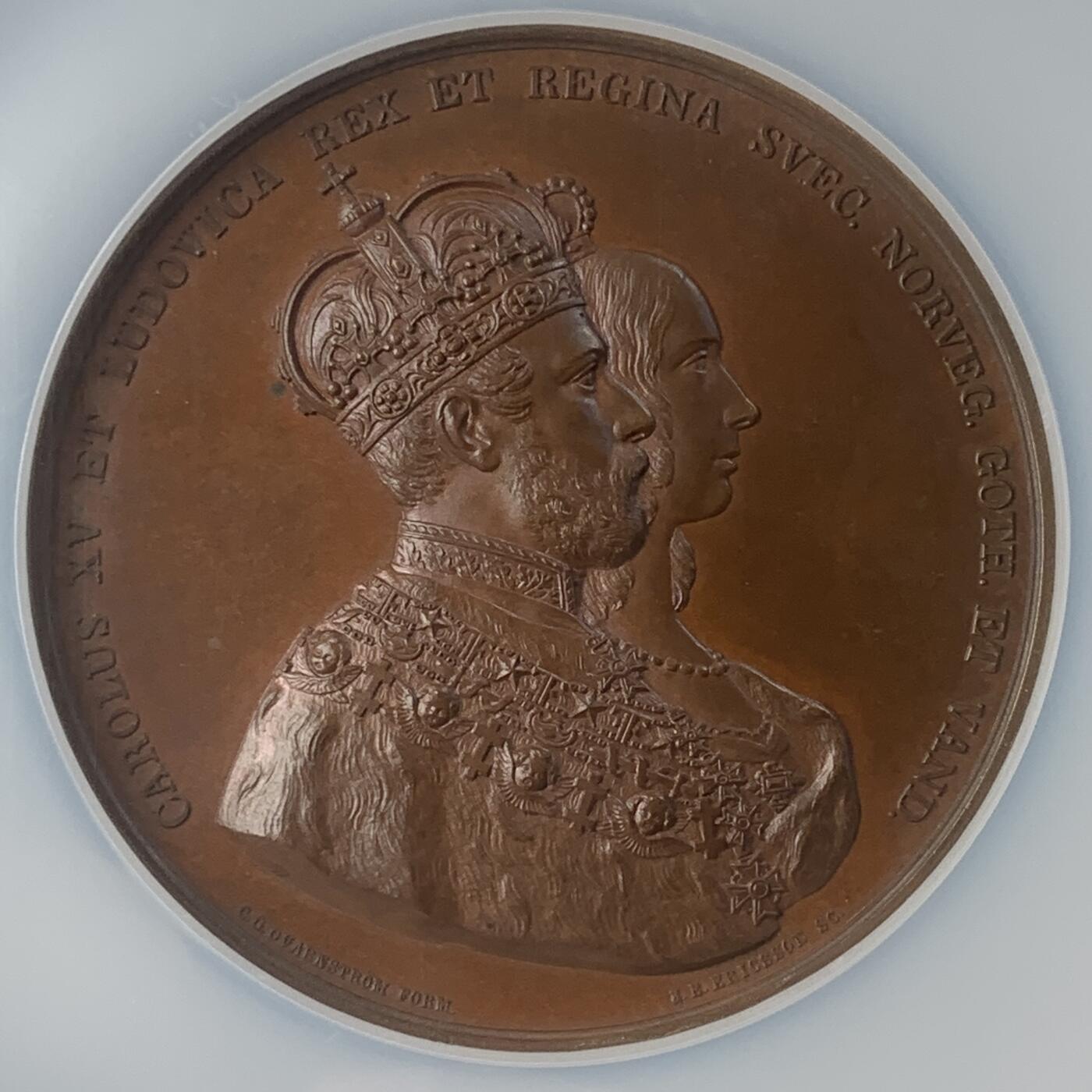 掌中浮雕-藏着的欧洲第039场 NGC MS64 ：1860年瑞典卡尔十五世加冕铜章 , 58 mm , J. Ericsson 雕刻，此章好品少见