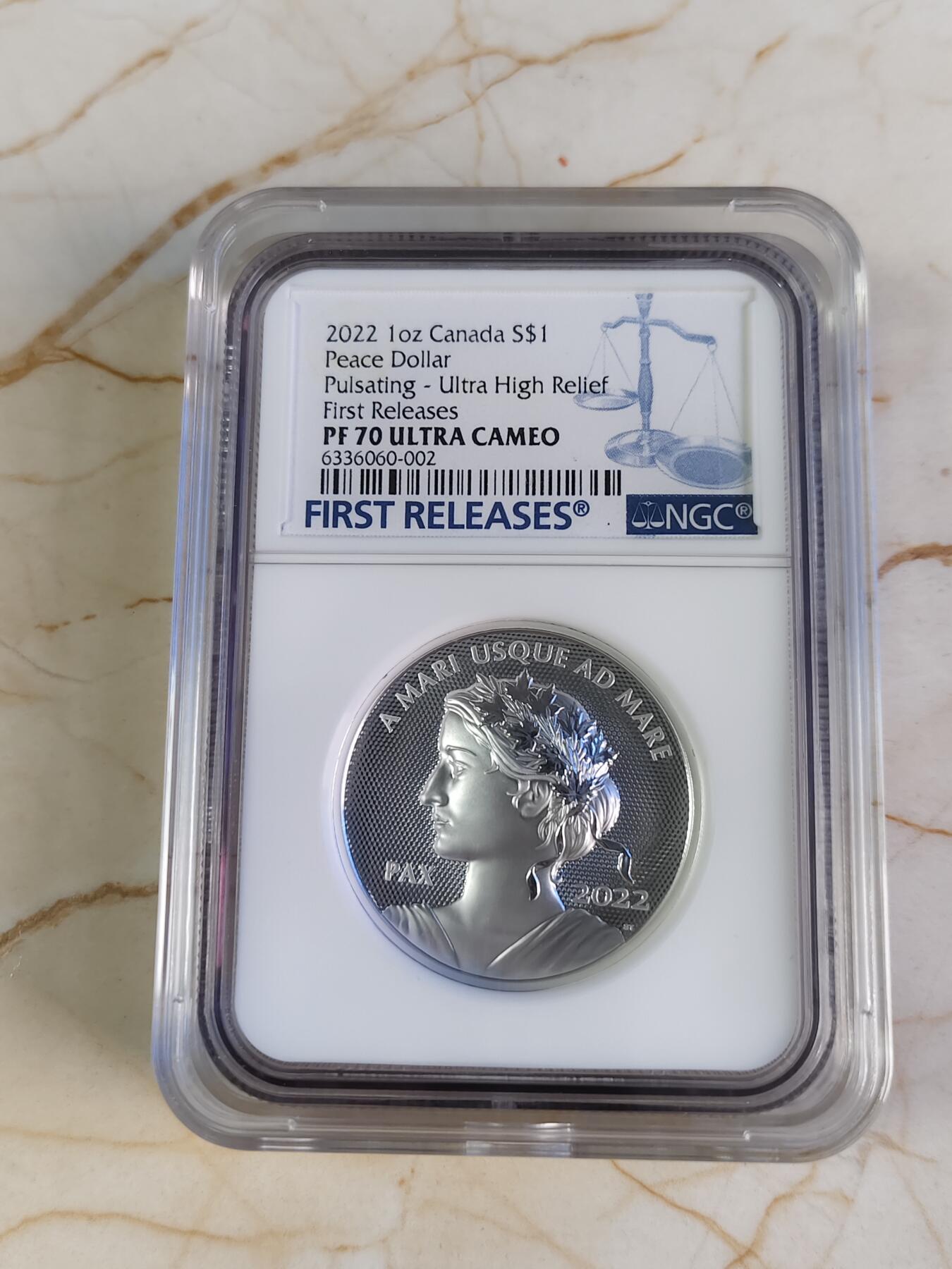 第180期拍卖【长期征集拍品】【北京币展专场】 首期NGC-PF70ULTRACAME0加拿大2021年从海到海和平女神系列高浮雕银币20加元，30.76克，9999银，发行5000枚，无盒证书