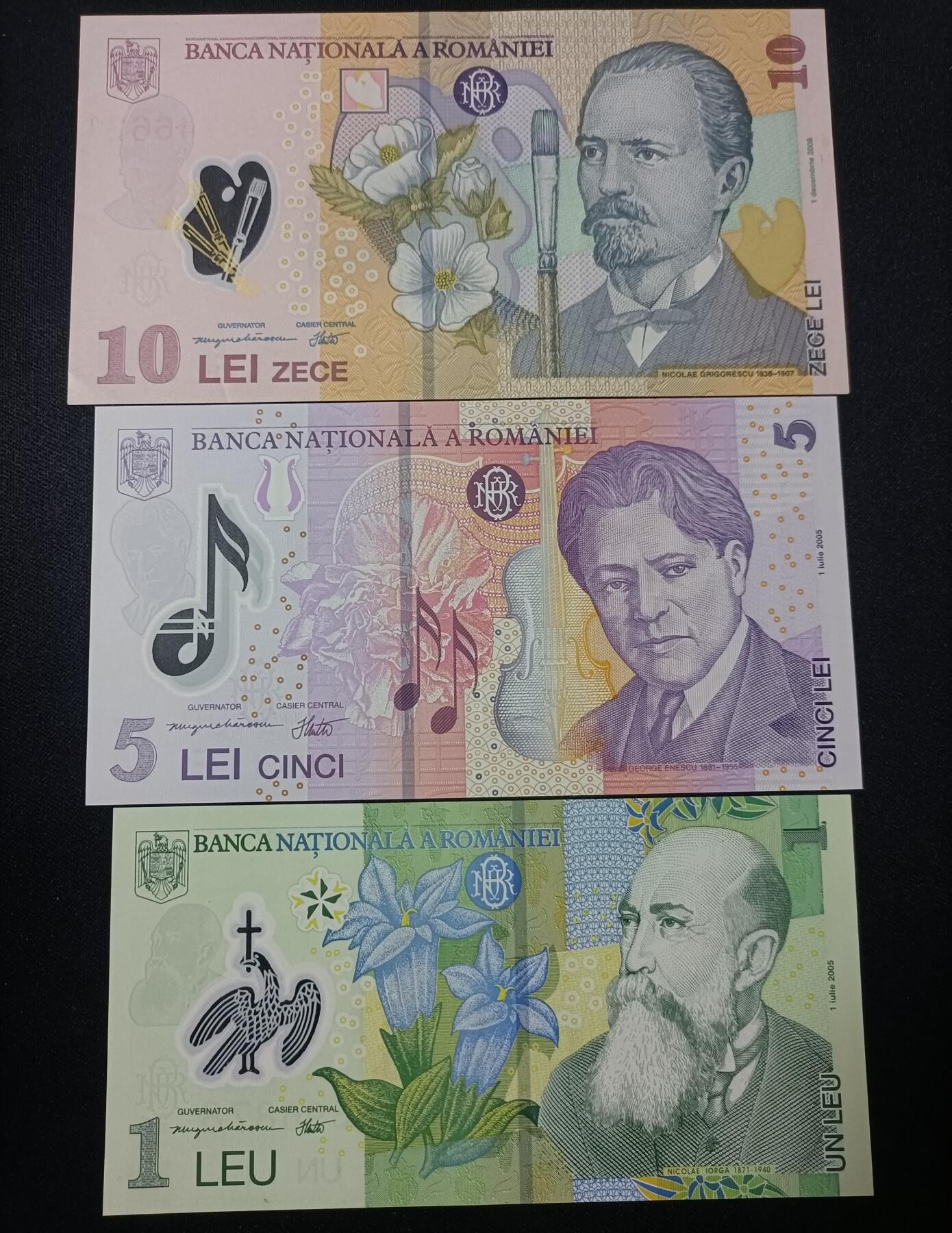 【游宝拍卖】乙巳蛇年82期  罗马尼亚-10/5/1列伊【2005(2008)年 UNC/UNC-】