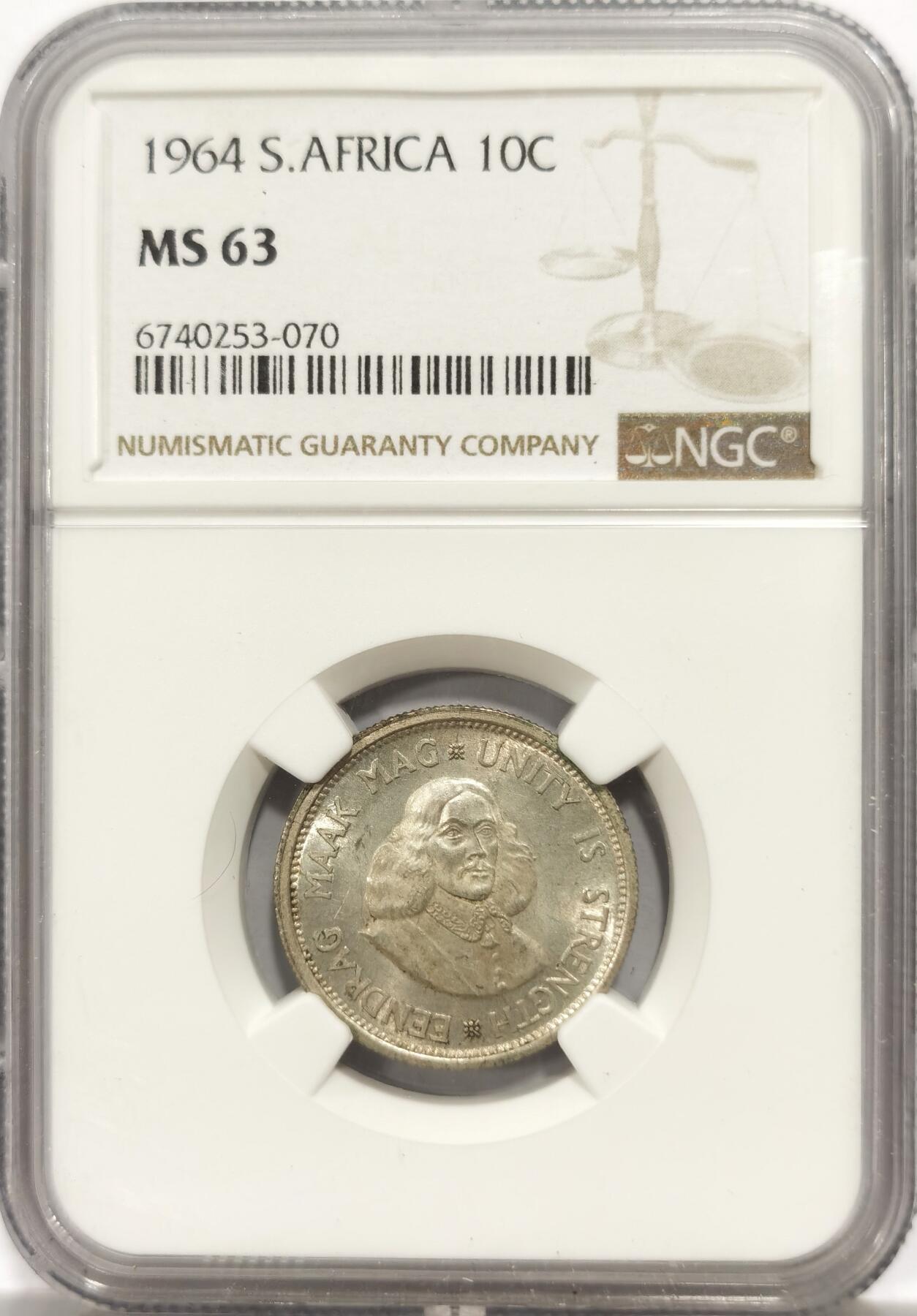 博洋堂世界钱币拍卖第144期（全场包邮） NGC MS63 南非1964年里贝克10分银币