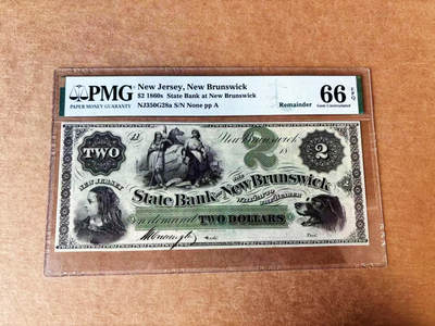 【Blue Auction】世界纸币精拍第743期——18级TOP拍卖/信誉/品质/专业/高效💫 - 【带签名 唯一冠军分】美国 新泽西州 1860年代2美金 经典狗钞 绿背 双面雕刻精美 州票中品质极高的一张 PMG66EPQ 大票幅精美