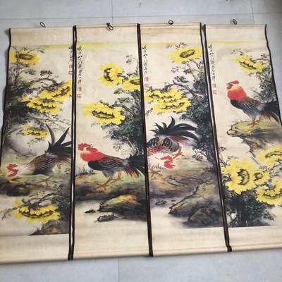 听雨轩（10） 名家名画中堂挂画（一） - 齐白石大公鸡四条屏