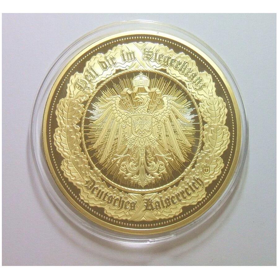 【旋风钱币】11月1日19:00准时开拍 精美欧洲币章、第三帝国钱币等 全场包邮！ 【艺术】德国艺术大章 威廉二世+长翅鹰高浮雕精制彩色超大镀金章 带证书 70MM 120克 