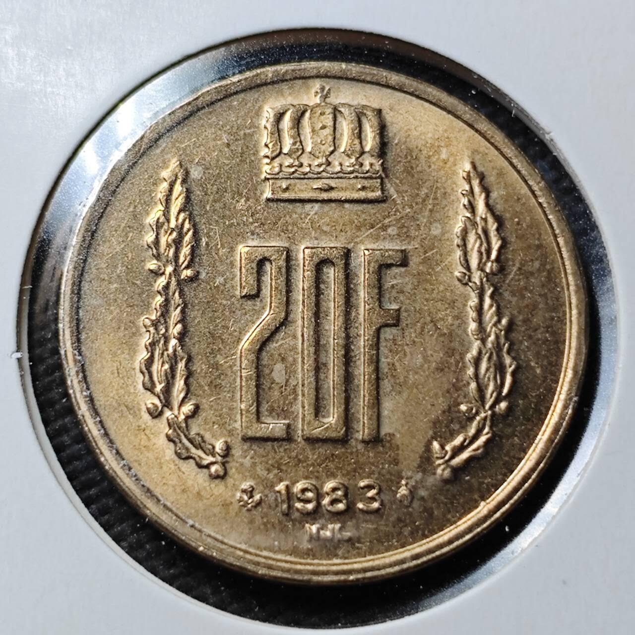 KK钱币收藏小铺  第360场  2月预留时间 周末发货 1983 摩纳哥20法郎好品