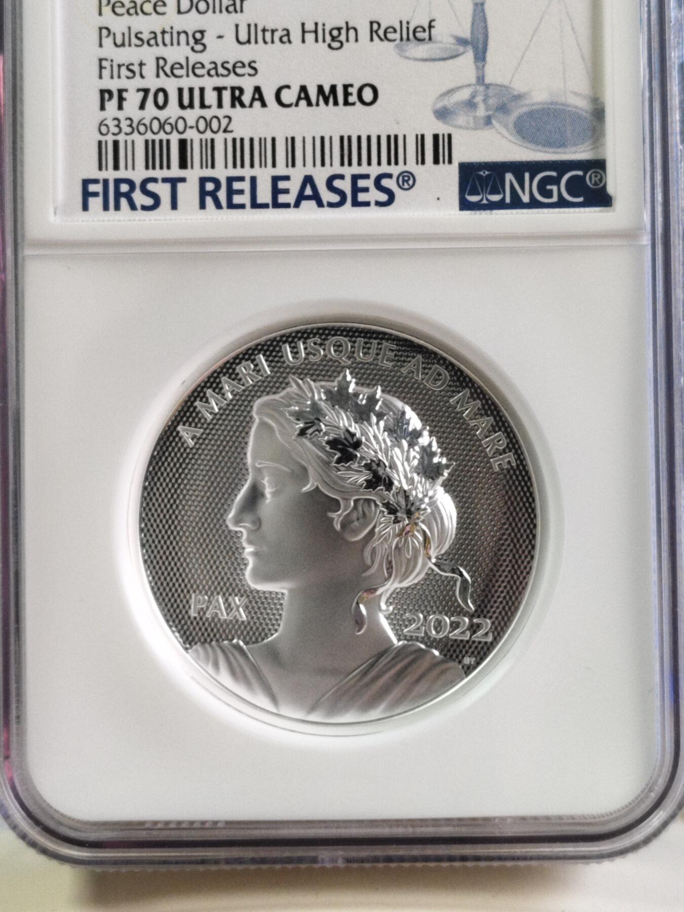 第180期拍卖【长期征集拍品】【北京币展专场】 首期NGC-PF70ULTRACAME0加拿大2021年从海到海和平女神系列高浮雕银币20加元，30.76克，9999银，发行5000枚，无盒证书