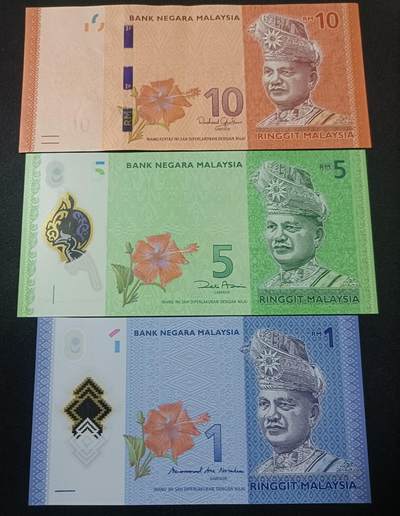 【游宝拍卖】乙巳蛇年82期  - 马来西亚-10/5/1林吉特【无47永恒号 UNC/UNC-】