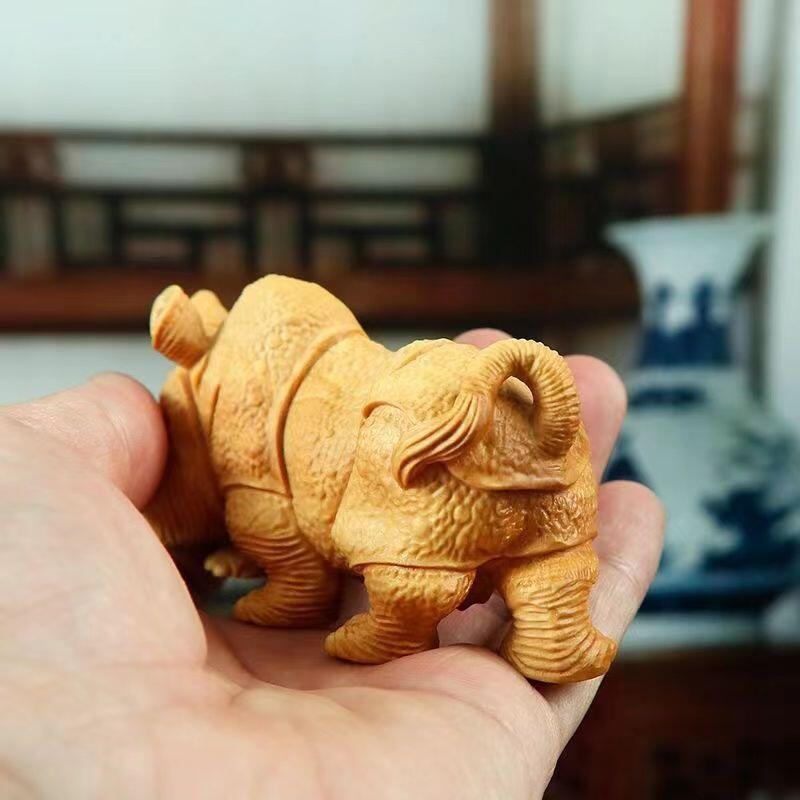 听雨轩 （十二）精品木雕 核雕 黄杨木雕刻犀牛手把件 8cm