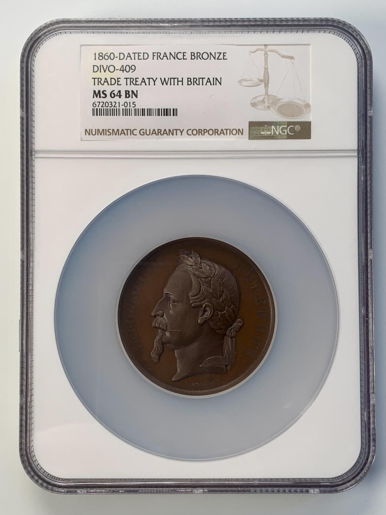 掌中浮雕-藏着的欧洲第039场 NGC MS64 : 1860年法国《英法条约》签定纪念章，57mm