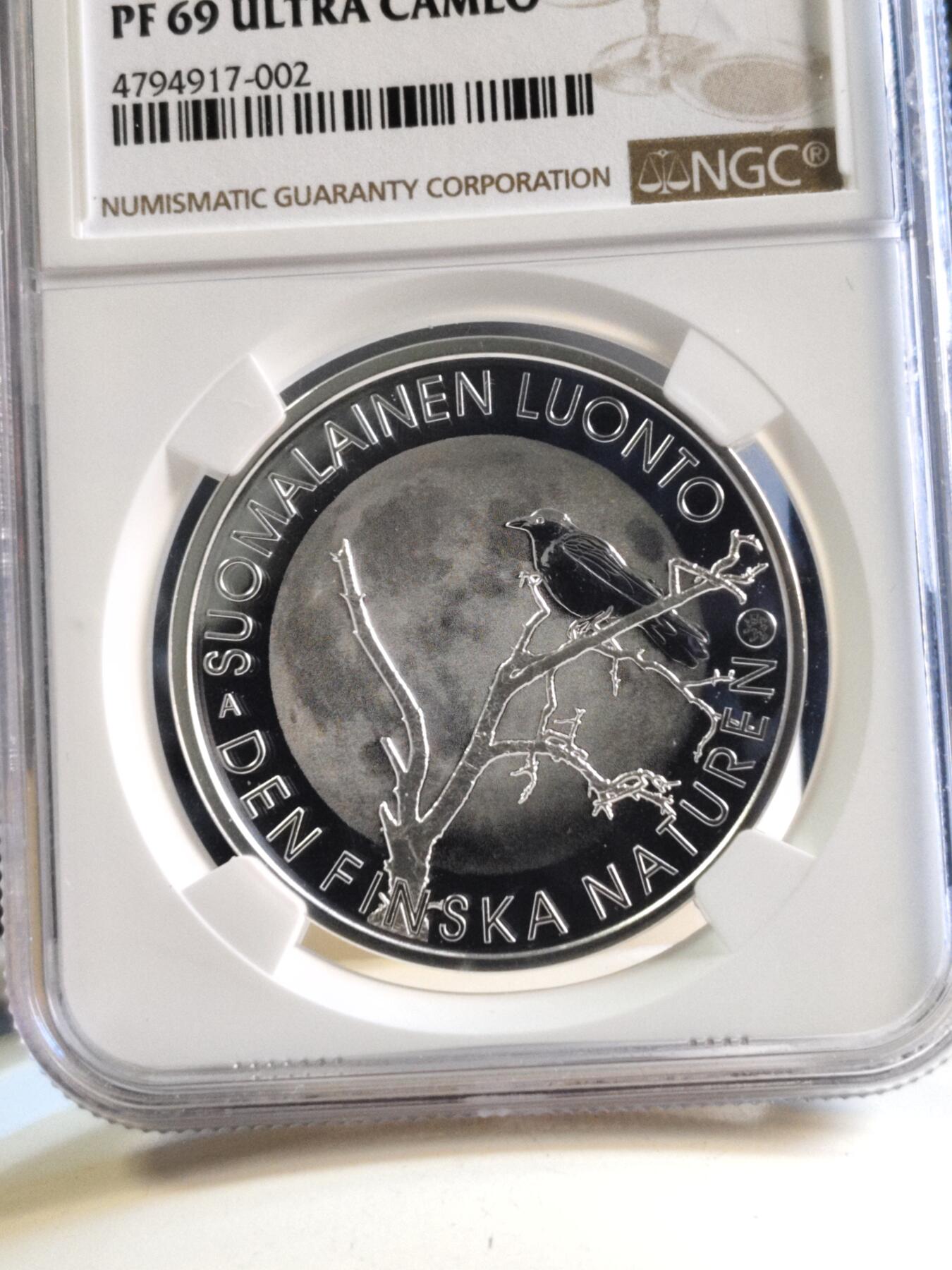 第180期拍卖【长期征集拍品】【北京币展专场】 获奖芬兰2017年自然系列乌鸦20欧NGC69精制银币925银25.5克直径38.6毫米