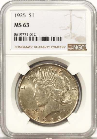 博洋堂世界钱币拍卖第144期（全场包邮） - NGC MS63 美国1925年和平银币，淡黄油包浆，BU好品。略少见的年份。