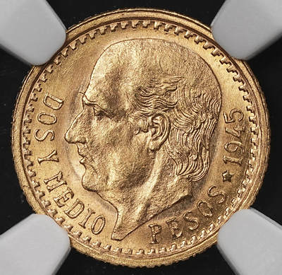 修遠堂世界钱币第九十一期 - NGC MS67 1945年墨西哥2.5比索金币 2.08g，含金90%  后铸