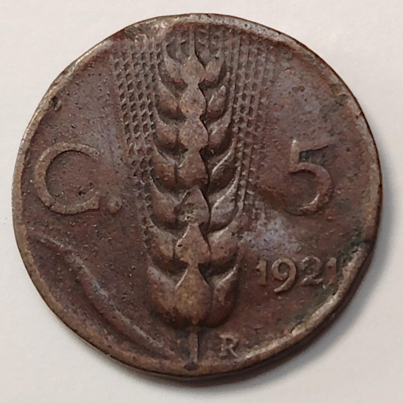 布加迪🐬～世界钱币(上海)🌾第 255 期 /  各国套币和散币 意大利🇮🇹 1921年 5分 19.5mm