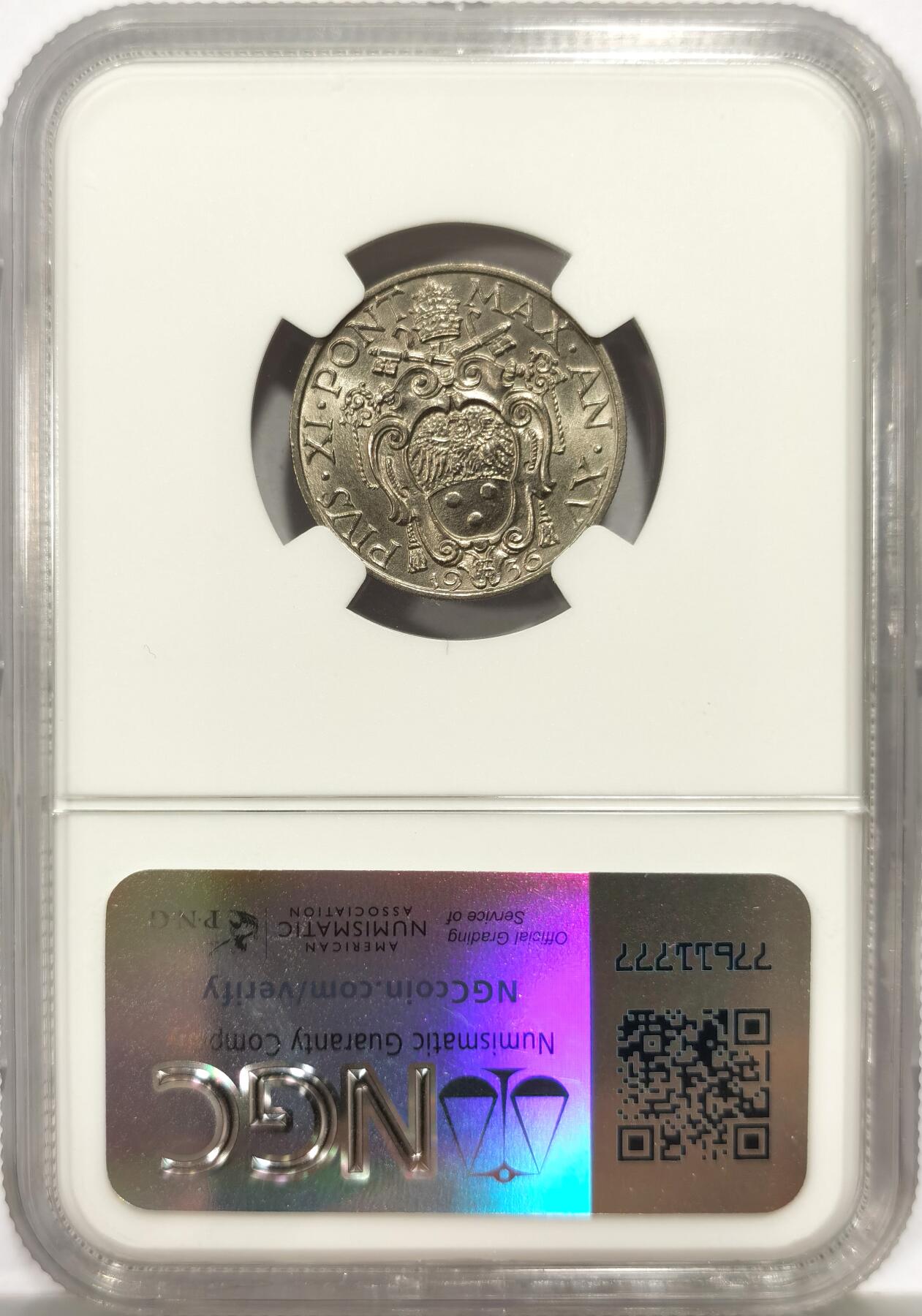 博洋堂世界钱币拍卖第144期（全场包邮） NGC MS66 梵蒂冈1936年20分镍币，意大利雕刻师Motti作品，高分难得