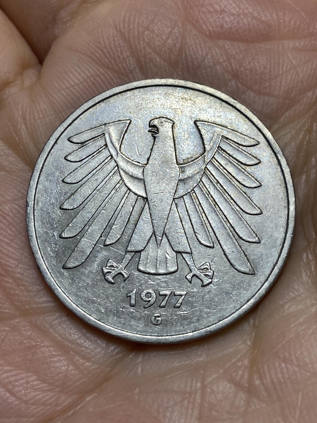 2025年第一百一十九场(总第一百四十五场）外国好品散币(免佣金) 德国🇩🇪1977年5马克(G标，卡尔斯鲁厄造)