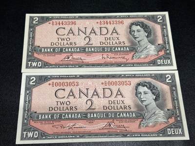 《外钞收藏家》第五百八十期（精选场）（本平台长期征集拍品、欢迎藏友们联系合作） - 加拿大1954年风景版补号2元一对（不同签名，补号非常少见） 品相如图