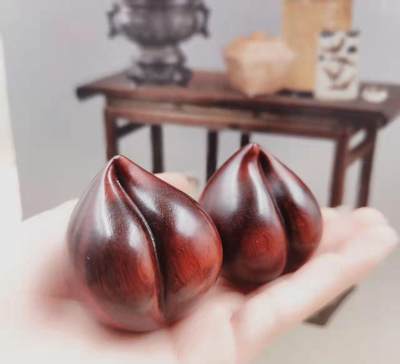 听雨轩（12） - 红酸枝木寿桃手球一对  直径4厘米 实木原木原色