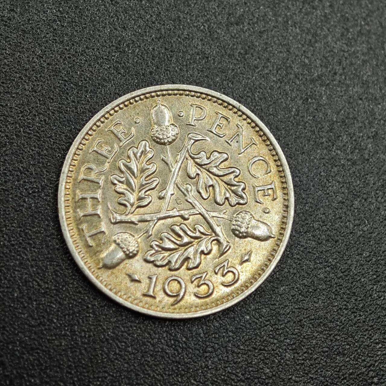 【淘币小摊】实时拍第七百七十九拍   散币场   满百包邮可预留二周 每周一统一发货   英国1933年乔治五世3便士银币