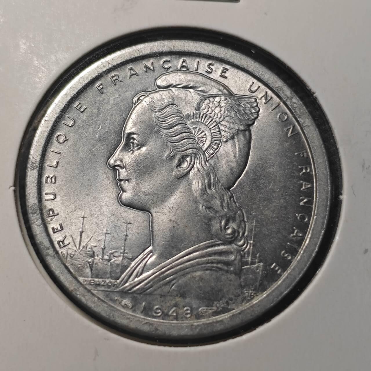 KK钱币收藏小铺  第360场  2月预留时间 周末发货  1948法属马达加斯加2法郎