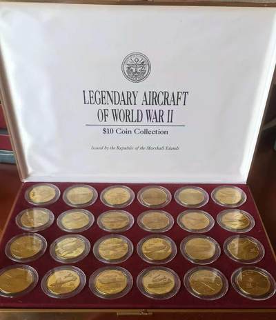 ❤️【币观天下】❤️ 第329期钱币拍卖- 2025.10.31周五晚上6点半场-长期征集拍品 - 马绍尔群岛二战飞机24枚大套 包含野马、闪电、喷火、飓风、bf109、零战等二战名机，带证书和具体介绍每种飞机一本册子。面值10悬
