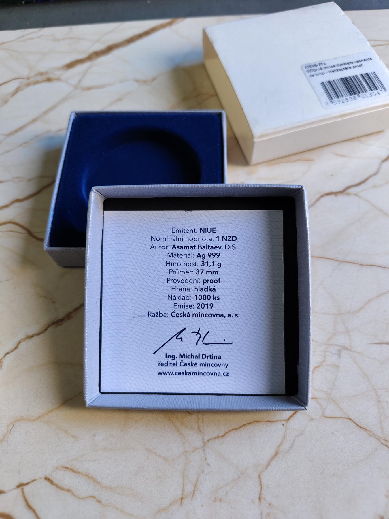 第180期拍卖【长期征集拍品】【北京币展专场】 1盎司NGC70首期蓝标纽埃2019年达芬奇科学发明系列1螺旋飞行器精制银币999银31.1克直径37毫米发行量仅1000枚