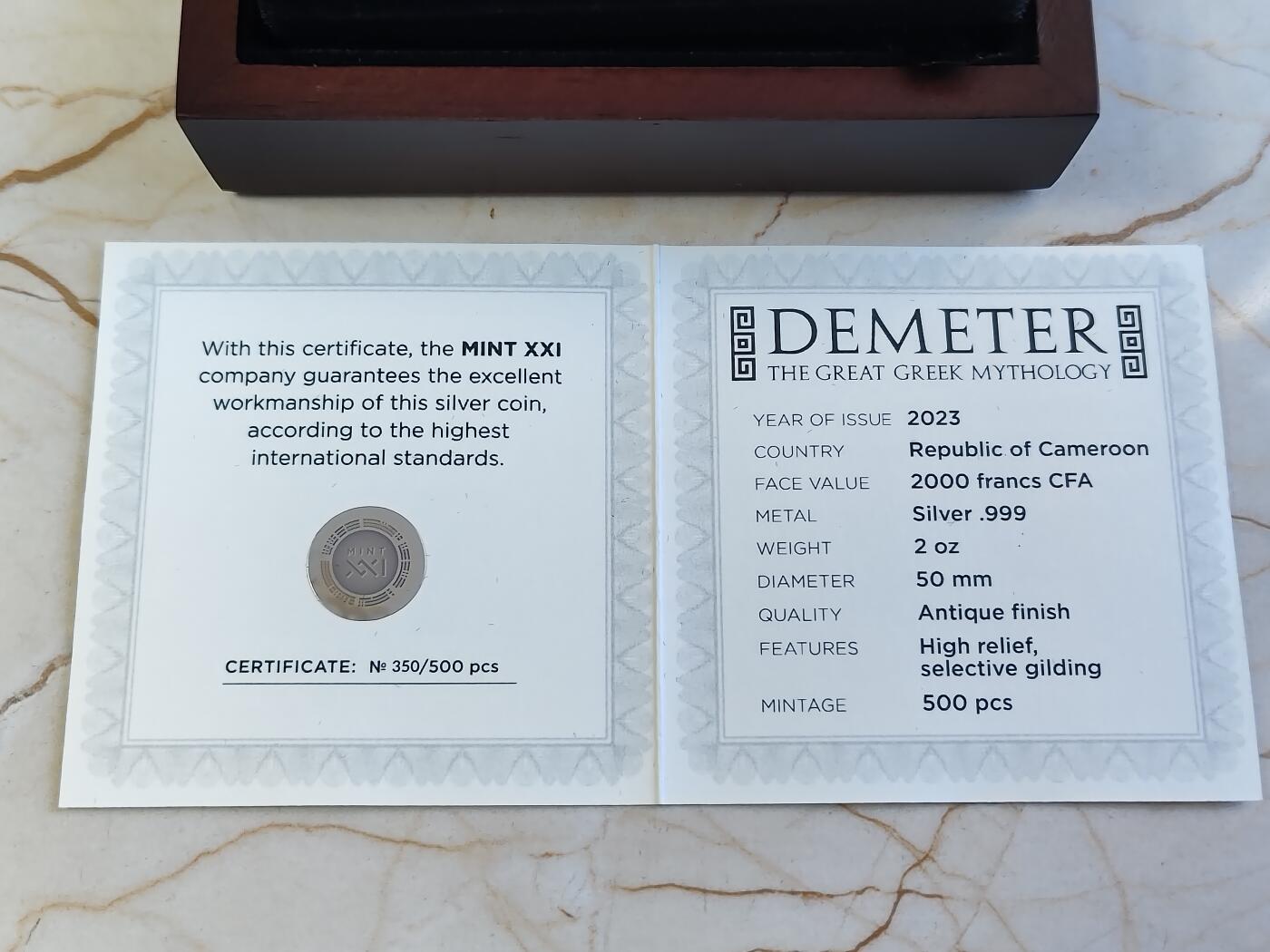 第180期拍卖【长期征集拍品】【北京币展专场】 喀麦隆2023年希腊神话生育女神得墨忒耳2盎司纪念银币，999银，发行500枚