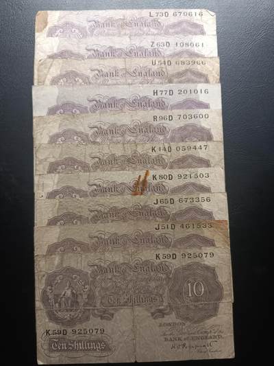 2025十一月第一期，总199期 - 英格兰战时A序列10先令流通品相批量十张，有别于战前战后普通的红色版本用紫色印刷