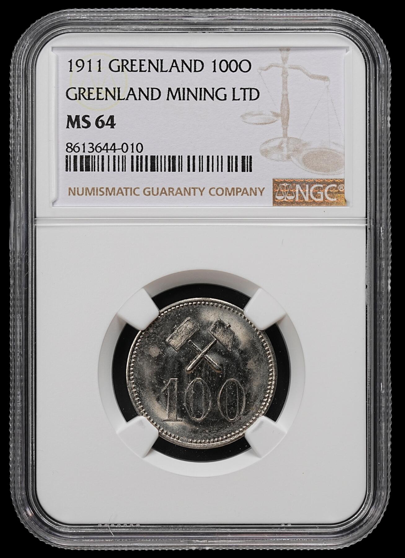 修遠堂世界钱币第九十一期 NGC MS64 1911年格陵兰矿业公司100欧尔代用币