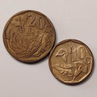 布加迪🐬～世界钱币(上海)🌾第 255 期 /  各国套币和散币 - 南非🇿🇦 10分和20分 2枚
