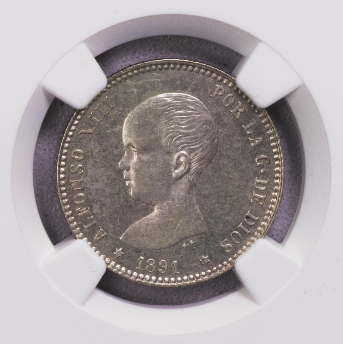 NGC-MS62 1891西班牙小光头1比塞塔银币 原光稀少