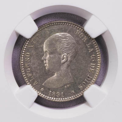 NGC-MS62 1891西班牙小光头1比塞塔银币 原光稀少 - NGC-MS62 1891西班牙小光头1比塞塔银币 原光稀少