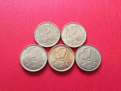 【云涧收藏】第七十五场 - 西班牙90/93/98年5比塞塔5枚