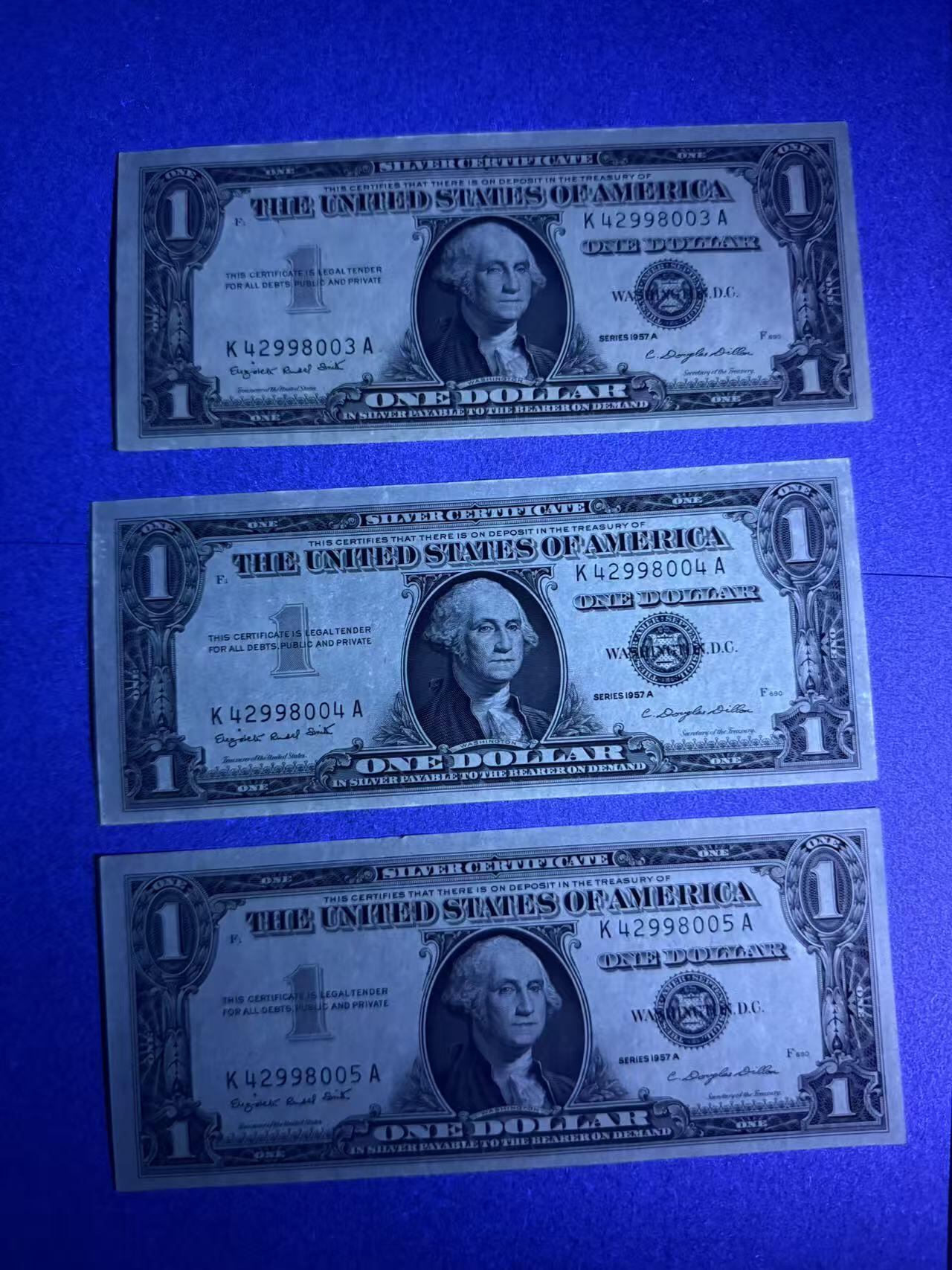 【礼羽收藏】🌏世界钱币拍卖第109期 美国1957年 1银币券 3张连号 全新unc- 