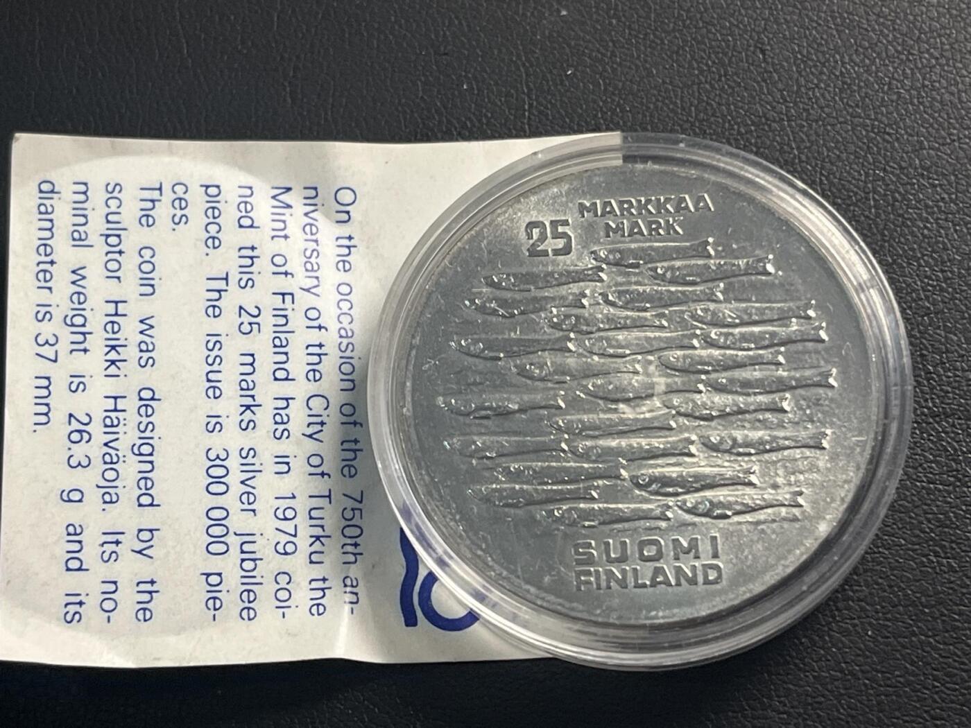 ❤️【币观天下】❤️ 第329期钱币拍卖- 2025.10.31周五晚上6点半场-长期征集拍品 带证书芬兰1979年图尔库市建成750周年银币500银26.3克直径37毫米