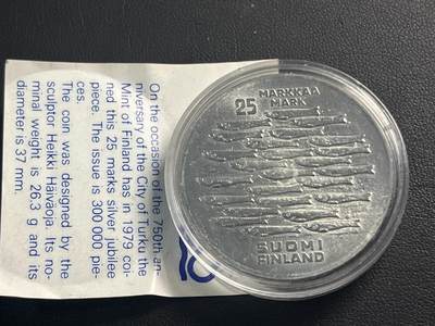 ❤️【币观天下】❤️ 第329期钱币拍卖- 2025.10.31周五晚上6点半场-长期征集拍品 - 带证书芬兰1979年图尔库市建成750周年银币500银26.3克直径37毫米