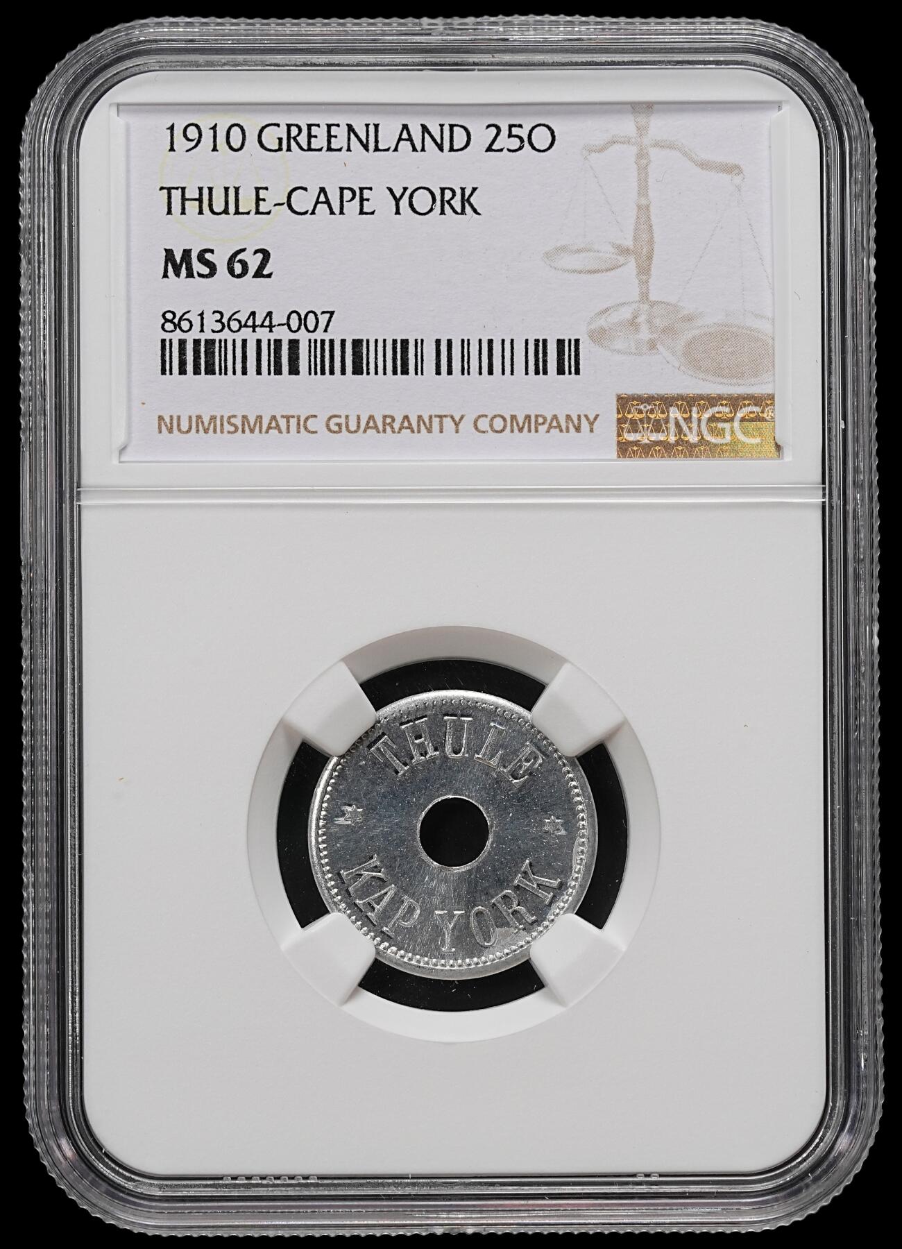 修遠堂世界钱币第九十一期 NGC MS62 1910年格陵兰-坎普.约克角25欧尔铝代用币
