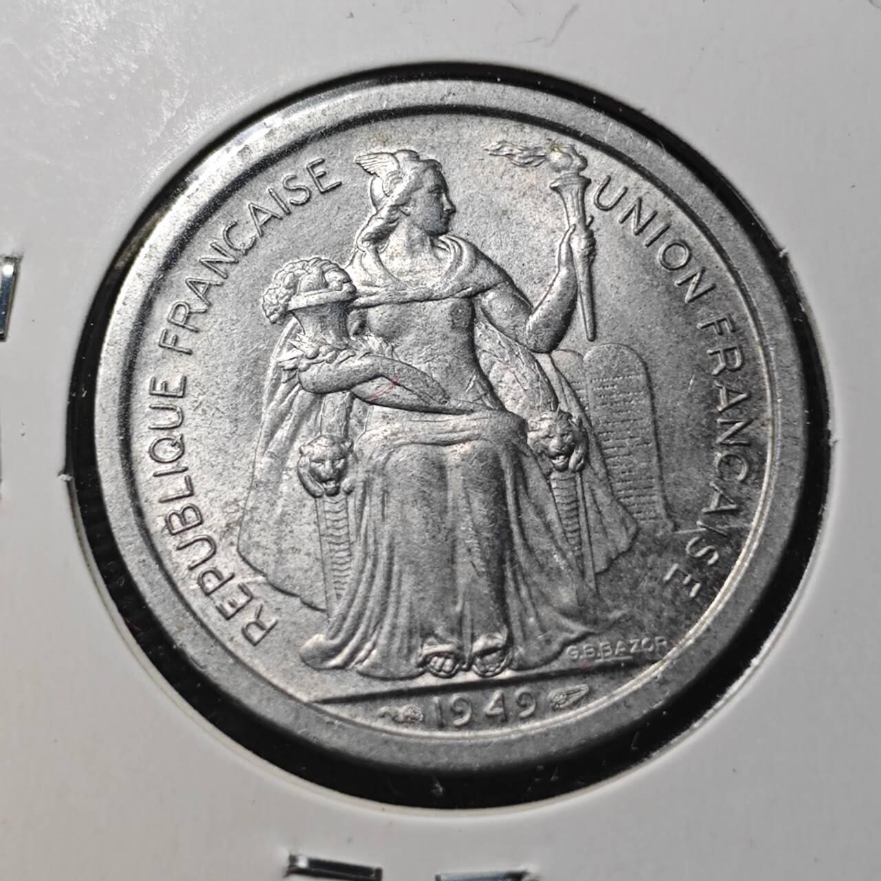 KK钱币收藏小铺  第360场  2月预留时间 周末发货  1949法属新喀里多尼亚2法郎