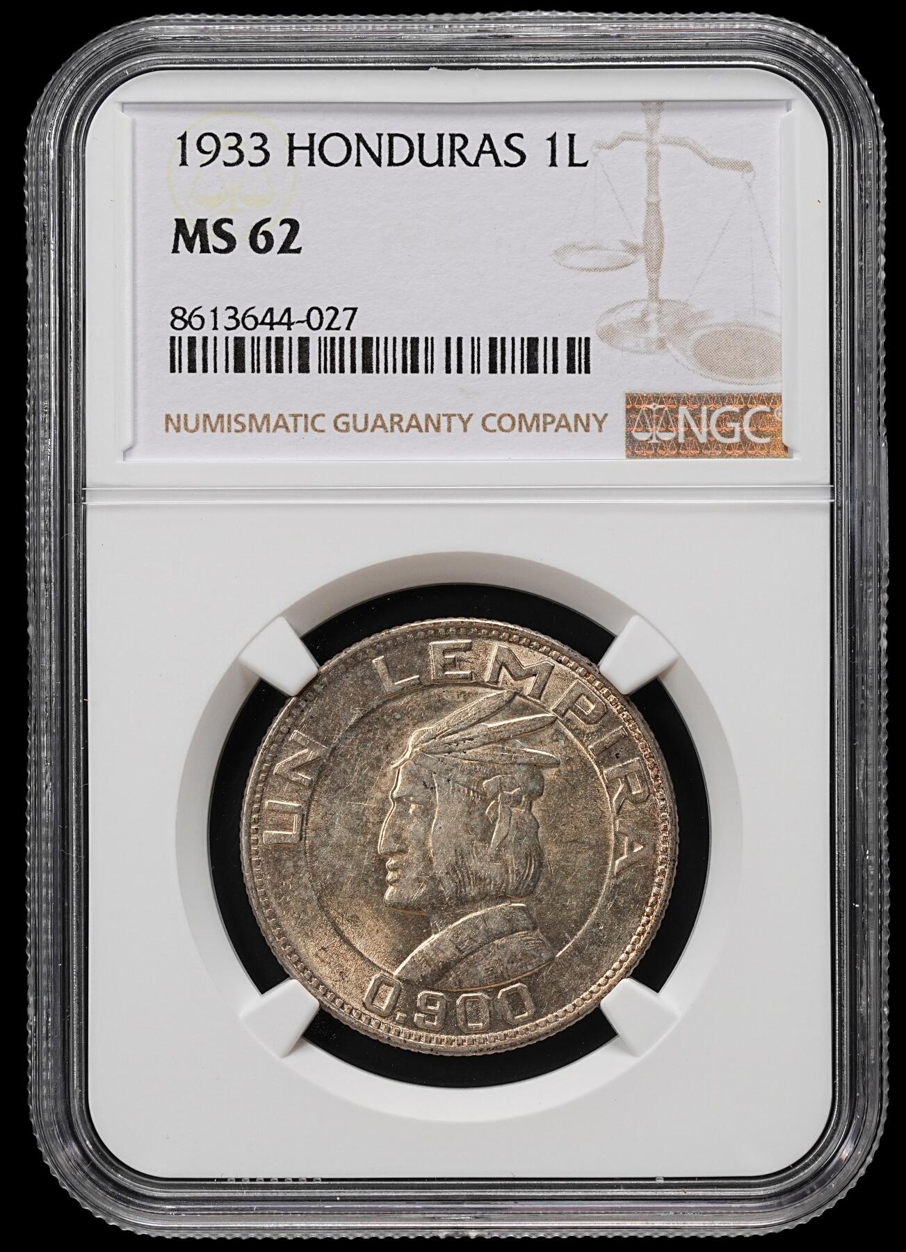 修遠堂世界钱币第九十一期 NGC MS62 1933年洪都拉斯1 LEMPIRA银币